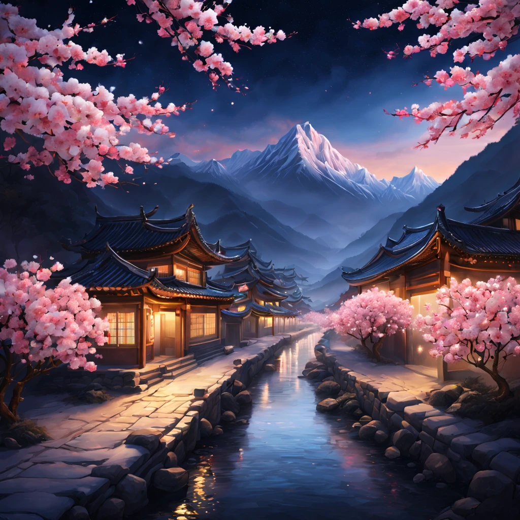 On a cold winter night,A traditional Chinese village is hosting a grand New Year fireworks display。Fireworks bloom in the night sky,Beautiful fireworks formed,It creates a mysterious and unique atmosphere。 The mountain peaks in the picture rise into the sky,shrouded in a thick foist lingers in the mountains as fireworks bloom,It adds a touch of mystery to the whole scene。(The mountain peaks are covered with a thin layer of snow),The beautiful shadow shining in the moonlight。 At the foot of the mountain,A small stream flows through the mountains。Next to the stream is a dense peach blossom forest,Pink flowers blooming on the peach tree,Picturesque。 This picture is dominated by illustration style,detail-rich,Vivid colors。Elements from sewing style,Make the whole picture more three-dimensional,Give people a sense of intimacy。With the light of fireworks blooming,The picture is filled with a festive and joyful atmosphere。 Image quality is the best,The resolution is 4K or 8K,detail-rich,High fidelity。The entire picture has professional photography effectine detailing,colors full、vividness,The background cleverly uses the bokeh effect,Highlight the subject。