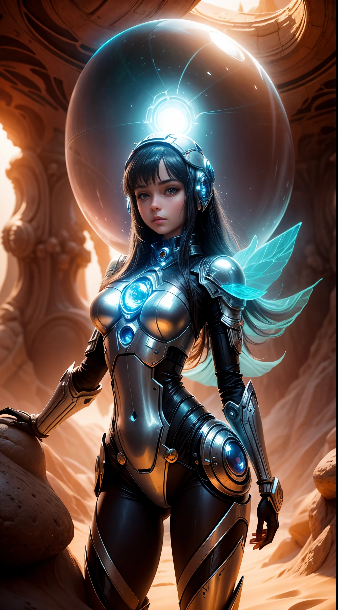 "((Mystical)) glass ball held by a girl in a robot dunes environment, (fantasy) setting, soft sunlight, best quality, high resolution, detailed, ((ethereal atmosphere)), (whimsical composition)."