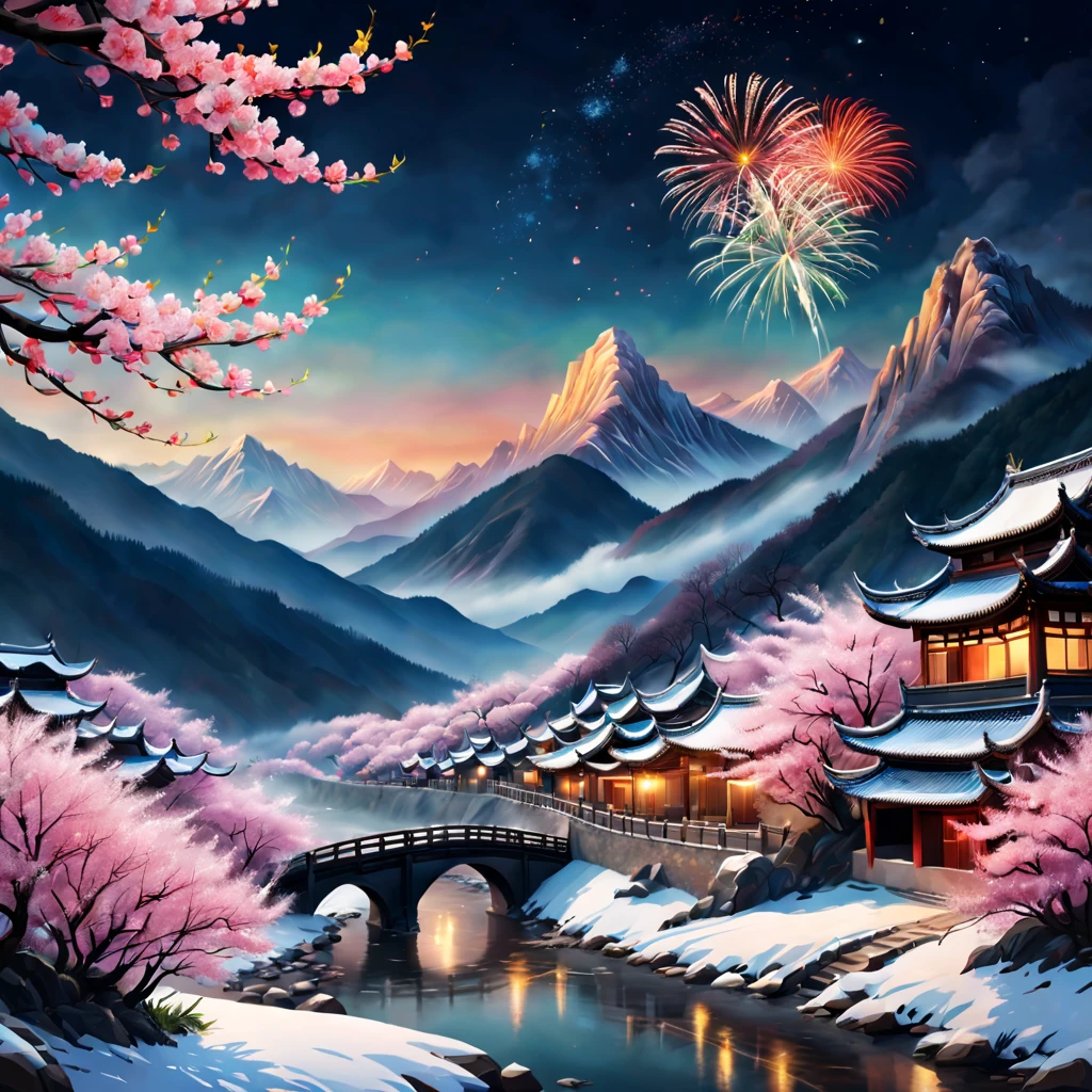 On a cold winter night,A traditional Chinese village is hosting a grand New Year fireworks display。Fireworks bloom in the night sky,Beautiful fireworks formed,It creates a mysterious and unique atmosphere。 The mountain peaks in the picture rise into the sky,shrouded in a thick foist lingers in the mountains as fireworks bloom,It adds a touch of mystery to the whole scene。(The mountain peaks are covered with a thin layer of snow),The beautiful shadow shining in the moonlight。 At the foot of the mountain,A small stream flows through the mountains。Next to the stream is a dense peach blossom forest,Pink flowers blooming on the peach tree,Picturesque。 This picture is dominated by illustration style,detail-rich,Vivid colors。Elements from sewing style,Make the whole picture more three-dimensional,Give people a sense of intimacy。With the light of fireworks blooming,The picture is filled with a festive and joyful atmosphere。 Image quality is the best,The resolution is 4K or 8K,detail-rich,High fidelity。The entire picture has professional photography effectine detailing,colors full、vividness,The background cleverly uses the bokeh effect,Highlight the subject。