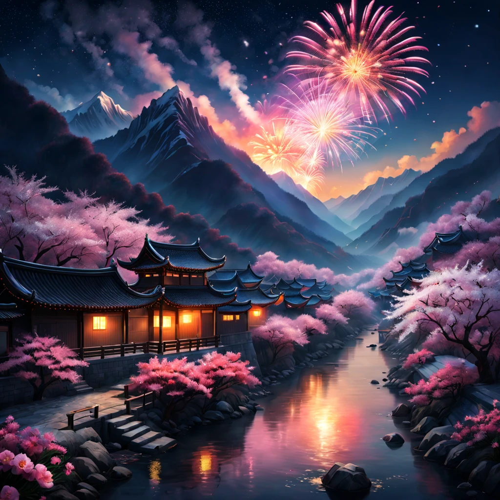 On a cold winter night，A traditional Chinese village is hosting a grand New Year fireworks display。Fireworks bloom in the night sky，Beautiful fireworks formed，It creates a mysterious and unique atmosphere。 The mountain peaks in the picture rise into the sky，shrouded in a thick foist lingers in the mountains as fireworks bloom，It adds a touch of mystery to the whole scene。(The mountain peaks are covered with a thin layer of snow)，The beautiful shadow shining in the moonlight。 At the foot of the mountain，A small stream flows through the mountains。Next to the stream is a dense peach blossom forest，Pink flowers blooming on the peach tree，Picturesque。 This picture is dominated by illustration style，detail-rich，Vivid colors。Elements from sewing style，Make the whole picture more three-dimensional，Give people a sense of intimacy。With the light of fireworks blooming，The picture is filled with a festive and joyful atmosphere。 Image quality is the best，The resolution is 4K or 8K，detail-rich，High fidelity。The entire picture has professional photography effectine detailing，colors full、vividness，The background cleverly uses the bokeh effect，Highlight the subject。