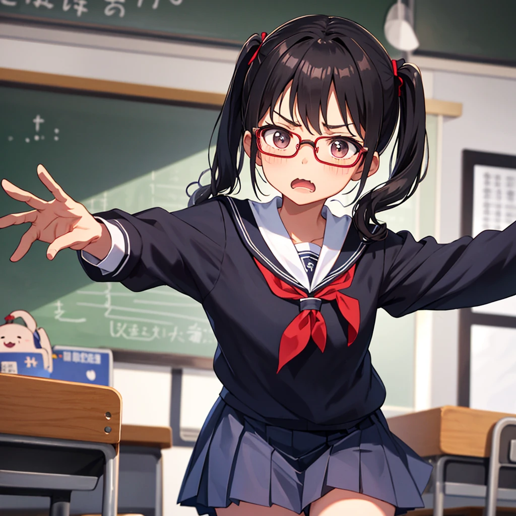 top-quality、Cute Schoolgirl、Class president with pigtails and glasses、A dark-haired、Classroom、Student uniform、get angry in front of the blackboard、Angry face