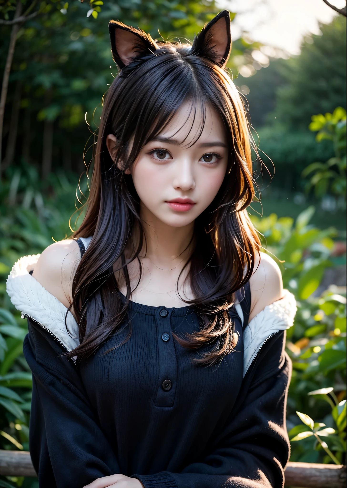 A close up of a woman with long hair wearing a cat ear - SeaArt AI