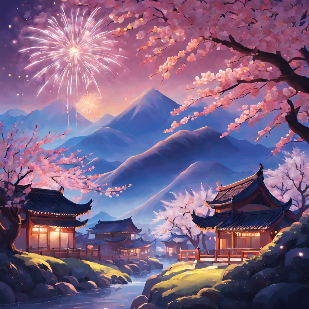 On a cold winter night，A traditional Chinese village is hosting a grand New Year fireworks display。Fireworks bloom in the night sky，Beautiful fireworks formed，It creates a mysterious and unique atmosphere。 The mountain peaks in the picture rise into the sky，shrouded in a thick foist lingers in the mountains as fireworks bloom，It adds a touch of mystery to the whole scene。(The mountain peaks are covered with a thin layer of snow)，The beautiful shadow shining in the moonlight。 At the foot of the mountain，A small stream flows through the mountains。Next to the stream is a dense peach blossom forest，Pink flowers blooming on the peach tree，Picturesque。 This picture is dominated by illustration style，detail-rich，Vivid colors。Elements from sewing style，Make the whole picture more three-dimensional，Give people a sense of intimacy。With the light of fireworks blooming，The picture is filled with a festive and joyful atmosphere。 Image quality is the best，The resolution is 4K or 8K，detail-rich，High fidelity。The entire picture has professional photography effectine detailing，colors full、vividness，The background cleverly uses the bokeh effect，Highlight the subject。