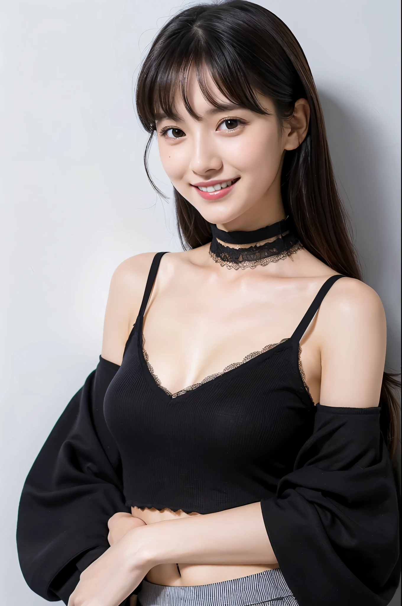 ulzzang -6500-v1.1, (Raw photo:1.2), (Photorealsitic), a beautiful detailed girl, (Real: 1.4), ighly detailedな目と顔, beatiful detailed eyes,  (Strapless blouse, flered skirt, Ultra-realistic pantyhose:1.2, a black choker)、 (Very affectionate smile:1.2)、huge filesize, hight resolution, ighly detailed, top-quality, [​masterpiece:1.6], illustratio, ighly detailed, nffsw, finely detail, top-quality, 8k wallpaper, Cinematographic lighting, 1girl in, 17 age, perfect body type, cute droopy eyes beautiful big eyes、Pieckfinger, ((masutepiece)), Best Quality, 1girl in, eye shadow, Upper body, Portrait, ((FULL BODYSHOT:1.6))、