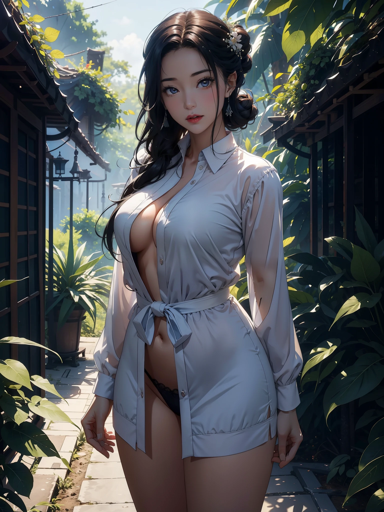 1female，45 yers old，Married woman，Long legs, slim waist， photo exposure， 独奏，（Background with：at a forest，the rainforest，in summer） She has long black hair，Redlip，Stood up，seen from the front， hair-bun， The sky is mostly cloudy，（（（tmasterpiece），（Very detailed CG unified 8k wallpaper），Best quality at best，电影灯光，detailed back ground，beautidful eyeright pupils，（very delicate beautiful），（Beautiful and detailed eye descriptions），ultra - detailed，tmasterpiece，）），facing at the camera，A high resolution，ultra - detailed），Pubic hair shows through，device， convex，Camel toes，Raised sexy，pupils（dressed in：Blue school uniform，Lace，naknessakis）a little bit chubby，overmany