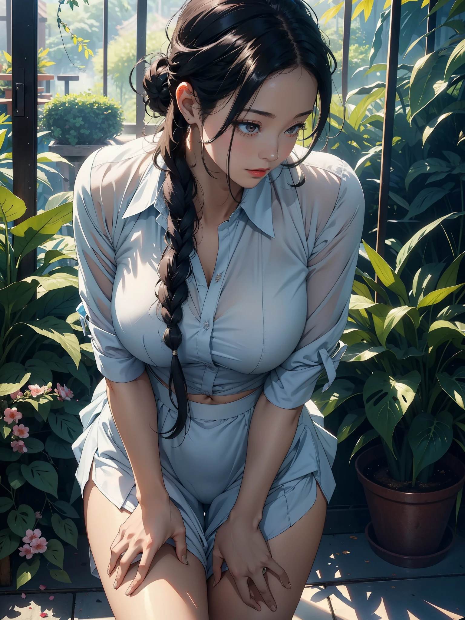 1female，age 5，bit girl，Small loli，smallunderboob ，Pornographic exposure， 独奏，（Background with：bamboo forrest，lotuses，lotus flower，exteriors，Lotus pond） She has short black hair，Sweat profusely，drenched all over the body，seen from the front， hair straight， mostly cloudy sky，（（（tmasterpiece），（Very detailed CG unity 8K wallpaper），best qualtiy，cinmatic lighting，detailed back ground，beatiful detailed eyes，Bright pupils，Black eyes，（Very fine and beautiful），（Beautiful and detailed eye description），ultra - detailed，tmasterpiece，）），facing at camera，A high resolution，ultra - detailed），revealing breasts，Bare genitalia，  Bulge，legs are open，Raised sexy，Camel toes，Flushed complexion，Open-mouthed，frontage，White floral headband，elementary student（Wearing：Sexy apron，fullnude，with no underpants，）