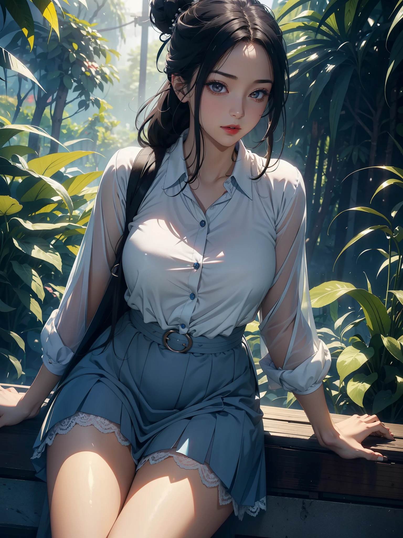 1female，45 yers old，Married woman，Long legs, slim waist， photo exposure， 独奏，（Background with：at a forest，the rainforest，in summer） She has long black hair，Redlip，Stood up，seen from the front， hair-bun， The sky is mostly cloudy，（（（tmasterpiece），（Very detailed CG unified 8k wallpaper），Best quality at best，电影灯光，detailed back ground，beautidful eyeright pupils，（very delicate beautiful），（Beautiful and detailed eye descriptions），ultra - detailed，tmasterpiece，）），facing at the camera，A high resolution，ultra - detailed），Pubic hair shows through，device， convex，Camel toes，Raised sexy，pupils（dressed in：Blue school uniform，Lace，naknessakis）a little bit chubby，overmany