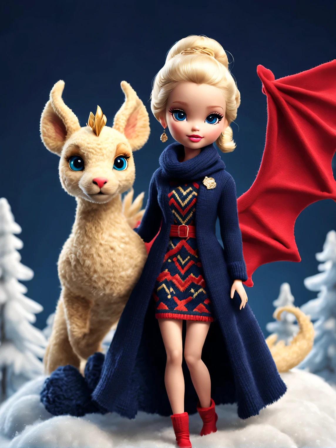 (Plush toy design),Naughty and cute Barbie doll and little dragon,(wool craft),(Fluffy:1.1) ,Winter high fashion with sweaters and scarves,gold diamond, Cute 3d rendering,Background with:dark navy blue+fiery red,,Cute and detailed digital art,Miniature feeling,stylized 3d render,3d rendered figure art 8k,lovely digital painting,Anime style 3D,Ultra-detailed rendering