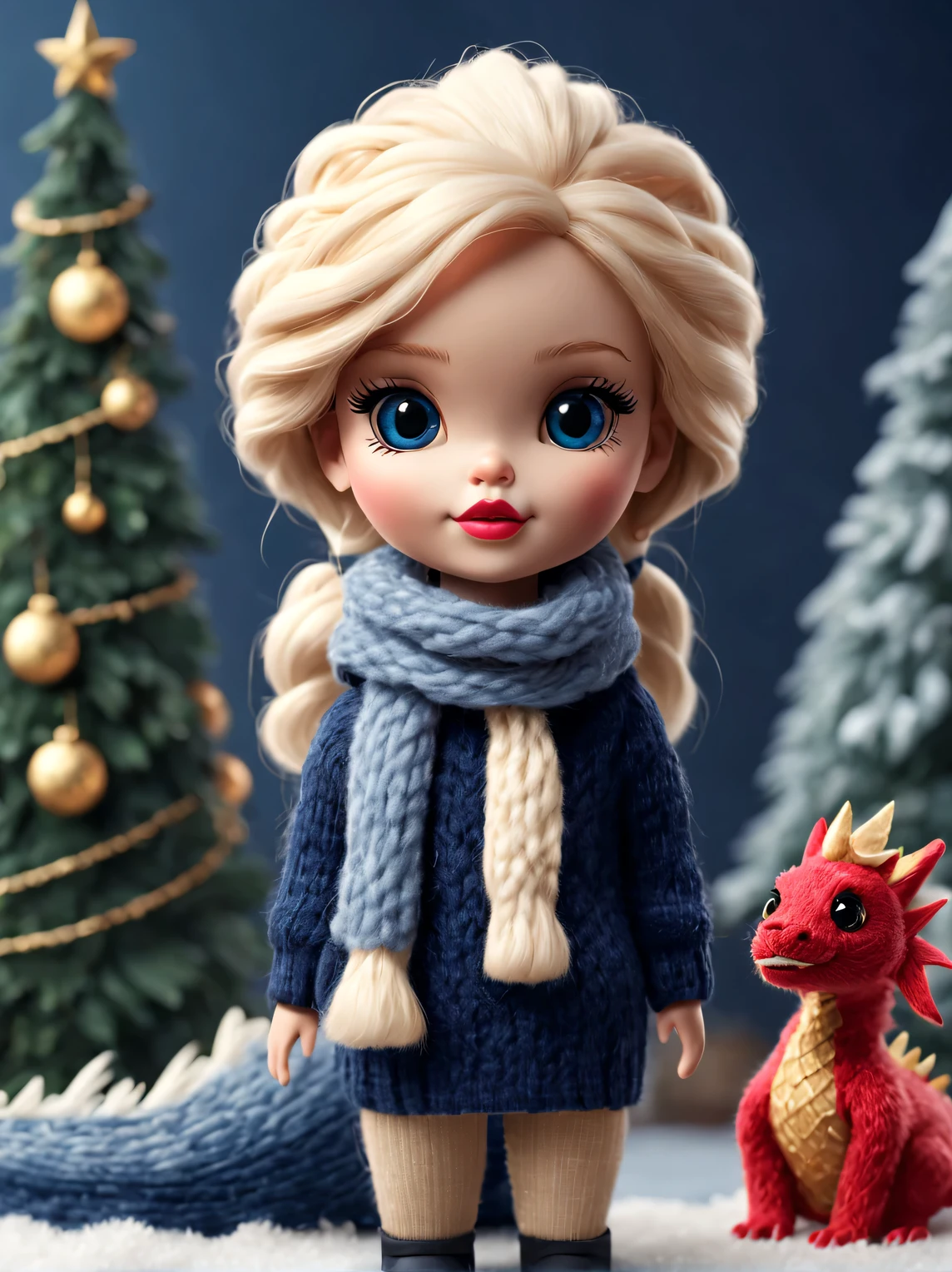 （Plush toy design），Naughty and cute Barbie doll and little dragon，（wool craft），（Fluffy：1.1） ，Winter high fashion with sweaters and scarves，gold diamond， Cute 3d rendering，Background with：dark navy blue+fiery red，，Cute and detailed digital art，Miniature feeling，stylized 3d render，3d rendered figure art 8k，lovely digital painting，Anime style 3D，Ultra-detailed rendering