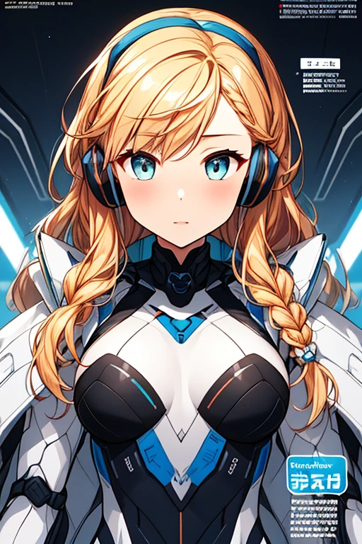 独奏、Braiding、1 girl in、depth of fields、Long Blonde Hair、Inside the space station、Make eye contact、sitting on、masterpiece、top-quality、(top-quality)、((masterpiece))、(hight resolution)、Original、Very detailed 8k wallpaper、(extremely delicate and beautiful)、((A detailed face))、(white futuristic bodysuit space suit):1.3,beautiful finely detailed eyes、Hair that flutters in the wind、dishevled hair、lensflare、1 girl in、full body Esbian、(blue eyess)、(head phone)、(yellow hair)、(Cute :1.1)、Beautiful fine eyes、orange color hair、Very long hair、tiny chest、(looking at the viewers)、(magazine:1.3)、(coversスタイル:1.3)、Fashionable、femele、with a vibrant、outfits、the pose、the front、Colorful、Dynamic、Background with、element、I'm confident、expresive、ngel、statement、accessorized、An majestic、coiled、surroundings、Touch、The scene、Texto、covers、It's bold、captures the attention、Titles、Stylish、Font、Catchy、headline、The large、Impressive、moderno、Trendy、Focus、lo fashion