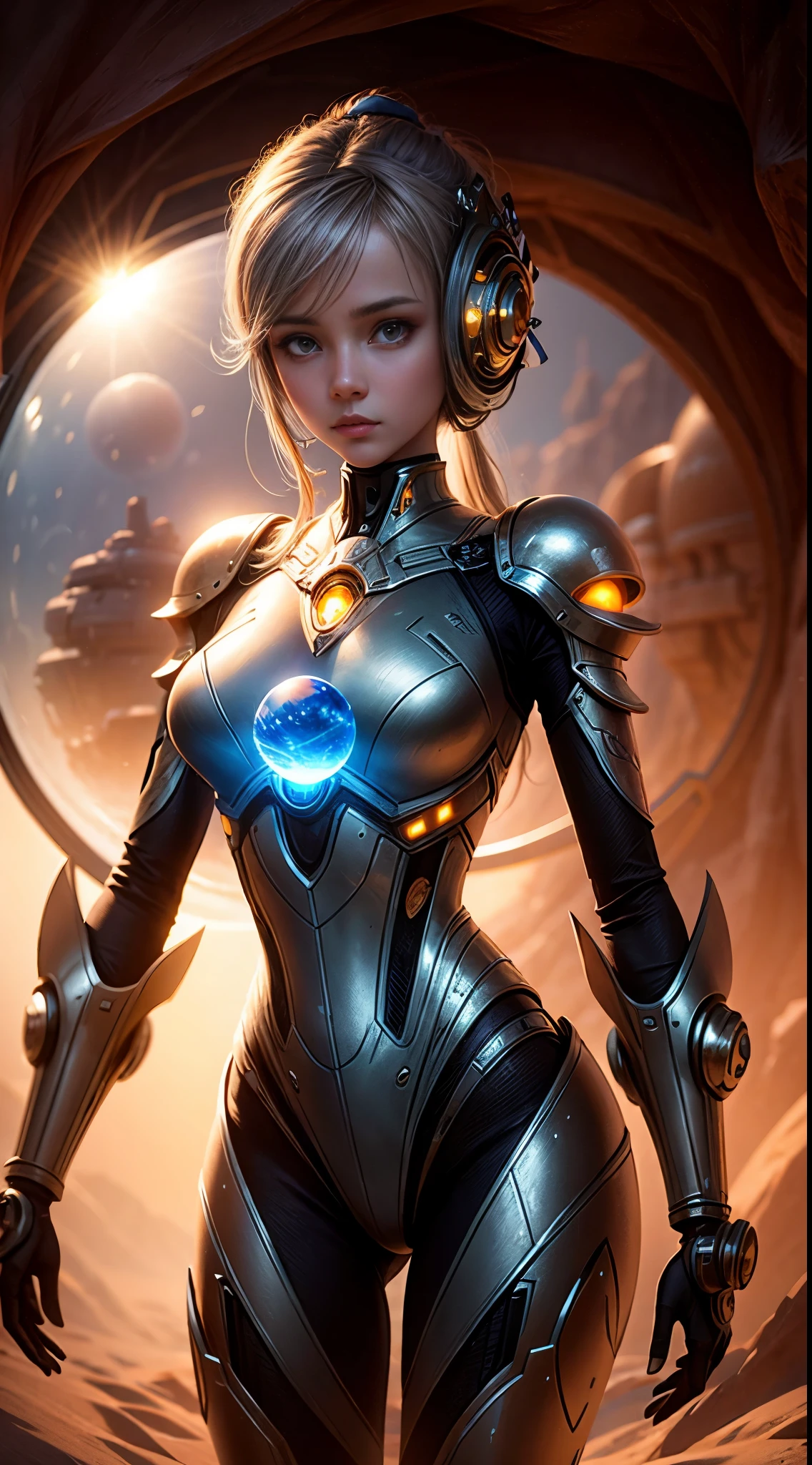 "((Mystical)) glass ball held by a girl in a robot dunes environment, (fantasy) setting, soft sunlight, best quality, high resolution, detailed, ((ethereal atmosphere)), (whimsical composition)."