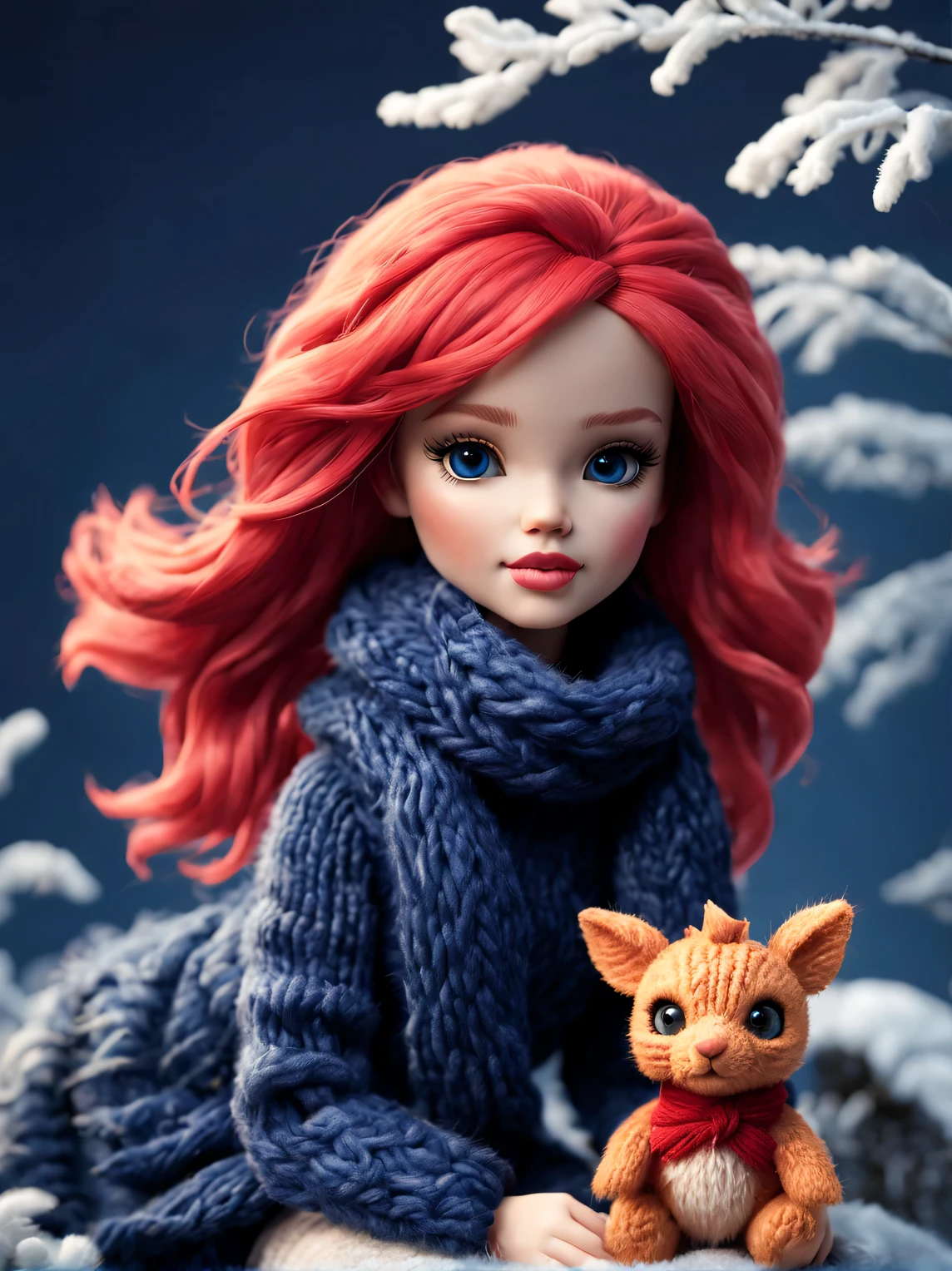 （Plush toy design），Naughty and cute Barbie doll and little dragon，（wool craft），（Fluffy：0.68） ，Winter high fashion chinoiserie sweaters and scarves， Cute 3d rendering，Background with：dark navy blue+fiery red，，Cute and detailed digital art，Miniature feeling，stylized 3d render，3d rendered figure art 8k，lovely digital painting，Anime style 3D，Ultra-detailed rendering