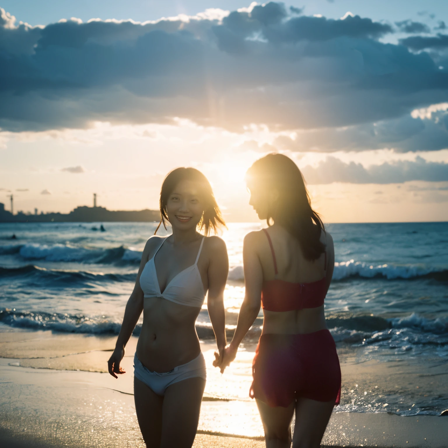 Best Quality,masutepiece,Ultra High Resolution,(Realisticity:1.4),Original,Cinematic lighting,
Identical twin sisters,Smile,Backlighting,ocean,