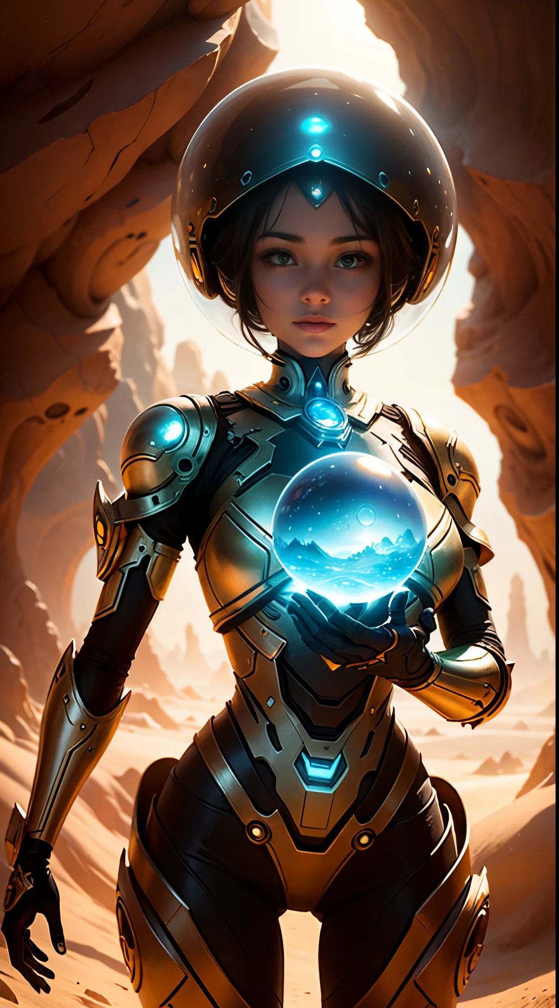 "((Mystical)) glass ball held by a girl in a robot dunes environment, (fantasy) setting, soft sunlight, best quality, high resolution, detailed, ((ethereal atmosphere)), (whimsical composition)."