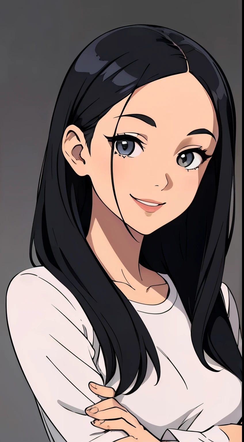 One girl with black hair, hair length until bust, straight hair, hair parted in center of head, round face. hairstyle with a center part, that the hair should be parted down the middle, creating a symmetrical look without any frontal hair covering the forehead. Looking straight. Looking straight at viewers. Smiling. Happy. Wearing casual shirt. Straight pose. Frontal view
