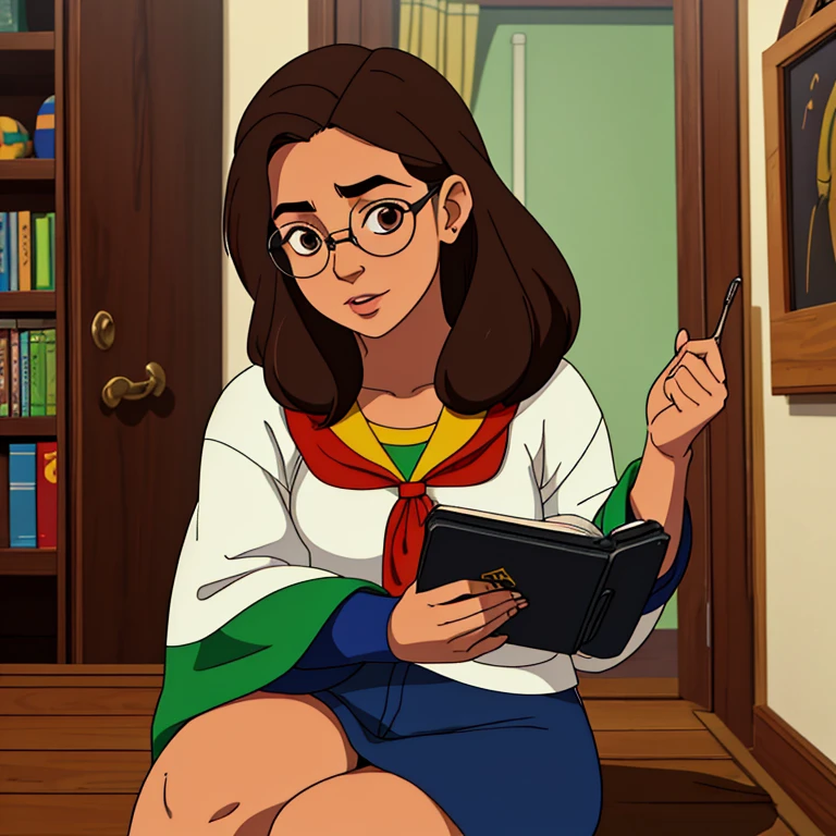 Brazilian character: a sweet, 17 to 19-year-old, overweight, white girl from Rio de Janeiro with a medium-length long bob hairstyle. Her hair is brown. She's a geek and gamer, wears glasses(Harry potter style), she has a brown eyes. She is lovely and loves tech"