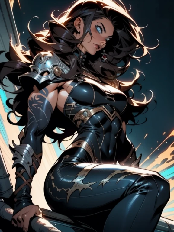 Uma guerreira mulher de 35 anos musculosa quase nua no estilo Simon Bisley para a capa da revista Heavy Metal, cabelo metade preto metade branco, Minimum clothing, Roupas curtas,