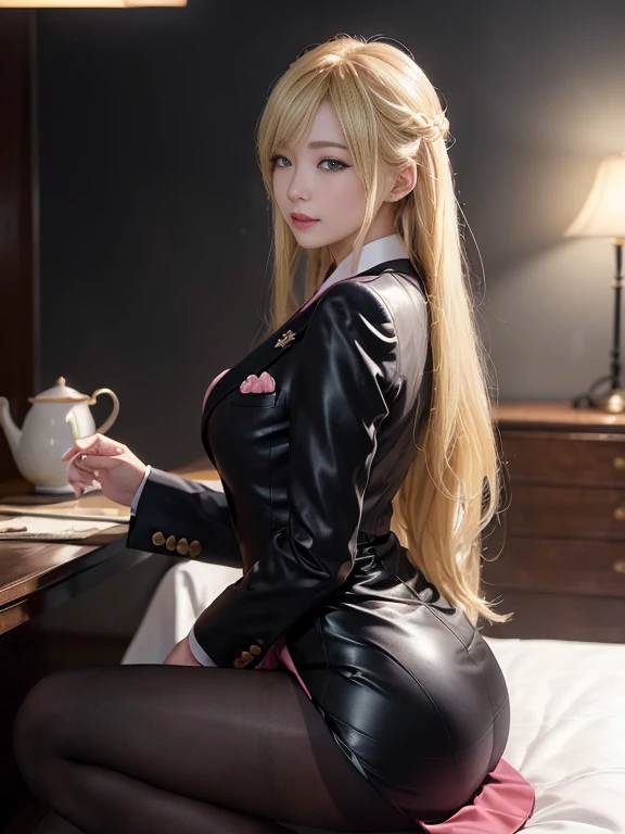 1girl, (Blue Eyes), (smiling :1.3), (beautiful makeup :1.2), (Sana Minatozaki), wide hips, Big tits, big ass, (Best Quality, 8k, Masterpiece: 1.3), Clear Focus: 1.2, Perfect Body Beauty: 1.4, strong abs, Highly detailed face and skin texture, detailed eyes, double eyelids, (blond long twins tails hair :1.2), (black maid outfit), (black pleated skirt :1.2), white long stockings, standing, dynamic pose, in a maid cafe, coffee shop, colorful place, portrait, blurred background