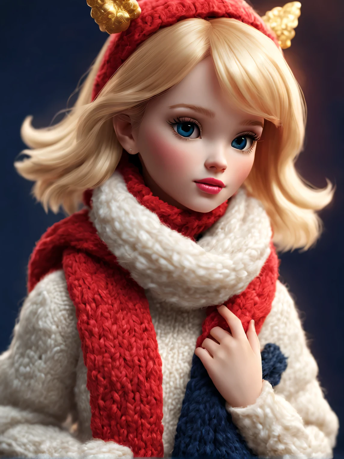 （Plush toy design），Naughty and cute Barbie doll and little dragon，（wool craft），（Fluffy：1.1） ，Winter high fashion with sweaters and scarves，golden colored， Cute 3d rendering，Background with：dark navy blue+fiery red，，Cute and detailed digital art，Miniature feeling，stylized 3d render，3d rendered figure art 8k，lovely digital painting，Anime style 3D，Ultra-detailed rendering