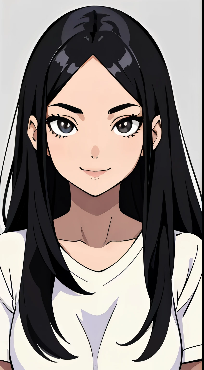 One girl with black hair, hair length until bust, straight hair, hair parted in center of head, round face. hairstyle with a center part, that the hair should be parted down the middle, creating a symmetrical look without any frontal hair covering the forehead. Looking straight. Looking straight at viewers. Smiling. Happy. Wearing casual shirt. Straight pose. Frontal view
