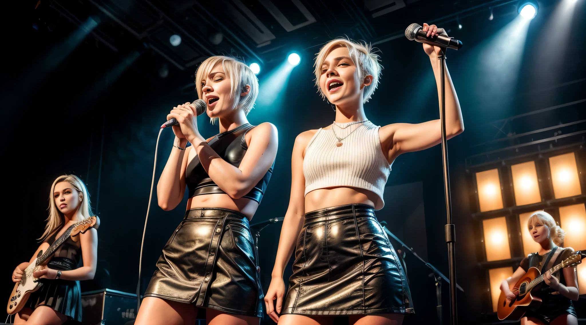 (3girls), 18 years old beautiful english girl singing on stage during a pop concert, with short blonde hair, sidecut hair cut, petite body, cute top various colors, short leather skirt various colors, singing into a microphone, playing a musical instrument, 8K, ultra high res.photorealistic, UHD, concert scene in the background, projector lighting, (pop live concert vibe:1.2)