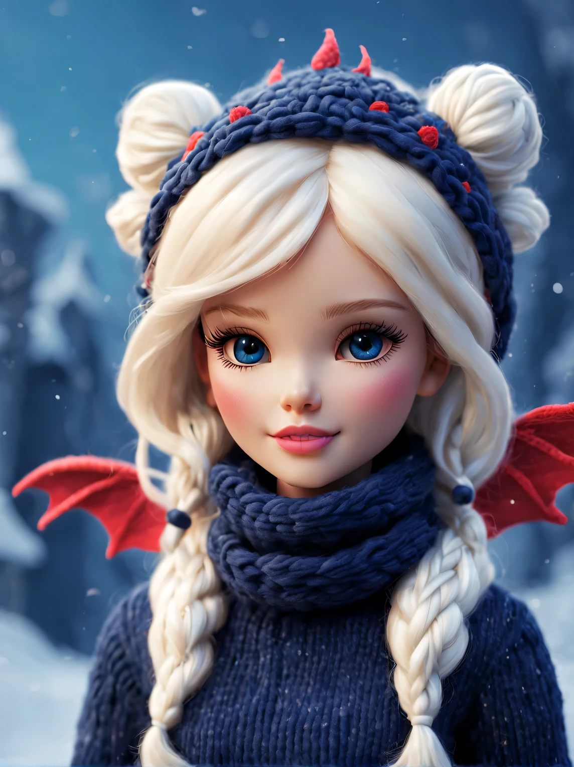 (Plush toy design),Happy cute barbie doll and dragon,(wool craft),(Fluffy:0.68) ,Winter high fashion chinoiserie sweaters and scarves, Cute 3d rendering,Background with:dark navy blue+fiery red,,Cute and detailed digital art,Miniature feeling,stylized 3d render,3d rendered figure art 8k,lovely digital painting,Anime style 3D,Ultra-detailed rendering