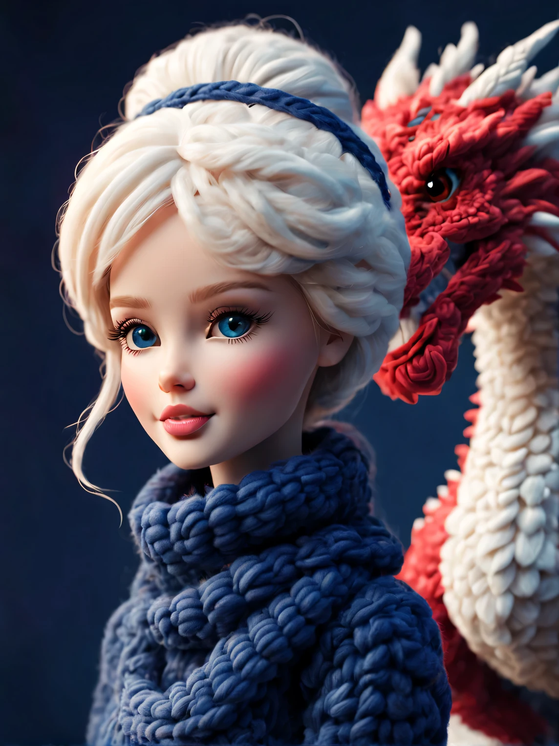 （Plush toy design），Happy cute barbie doll and dragon，（wool craft），（Fluffy：0.68） ，Winter high fashion chinoiserie sweaters and scarves， Cute 3d rendering，Background with：dark navy blue+fiery red，，Cute and detailed digital art，Miniature feeling，stylized 3d render，3d rendered figure art 8k，lovely digital painting，Anime style 3D，Ultra-detailed rendering