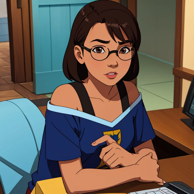 Brazilian character: a sweet, to 19-year-oloverweight, white girl from Rio de Janeiro with a medium-length long bob hairstyle. Her hair is brown. She's a geek and gamer, wears glasses(Harry potter style), she has a brown eyes. She is lovely and loves tech"
