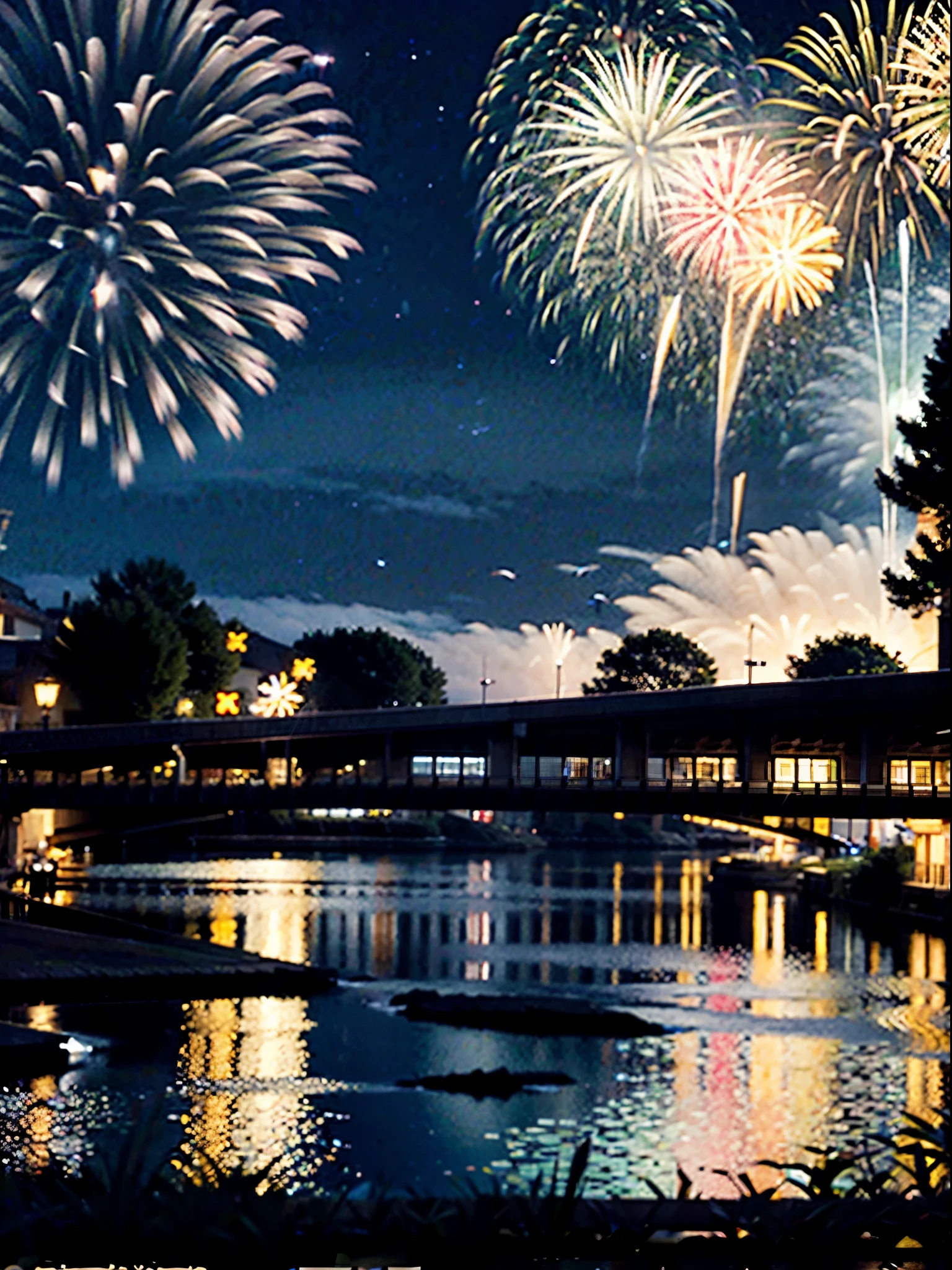 night, beautiful fireworks in the sky, river, happy new year, childe hassam,impressionism,perfect composition,more details --v 5.2 --ar 3:4