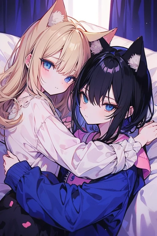 unparalleled beauty,perfect face、bedroom、lie on the bed、(two girls、too big breasts),Height difference、A muscular girl hugs a normal-sized girl、perfect eyes、blue eye、 Xin Haicheng、animal ears、Animal tail、a blonde and a black hair、In underwear、pajamas、how would it look then'Sleeping、kiss