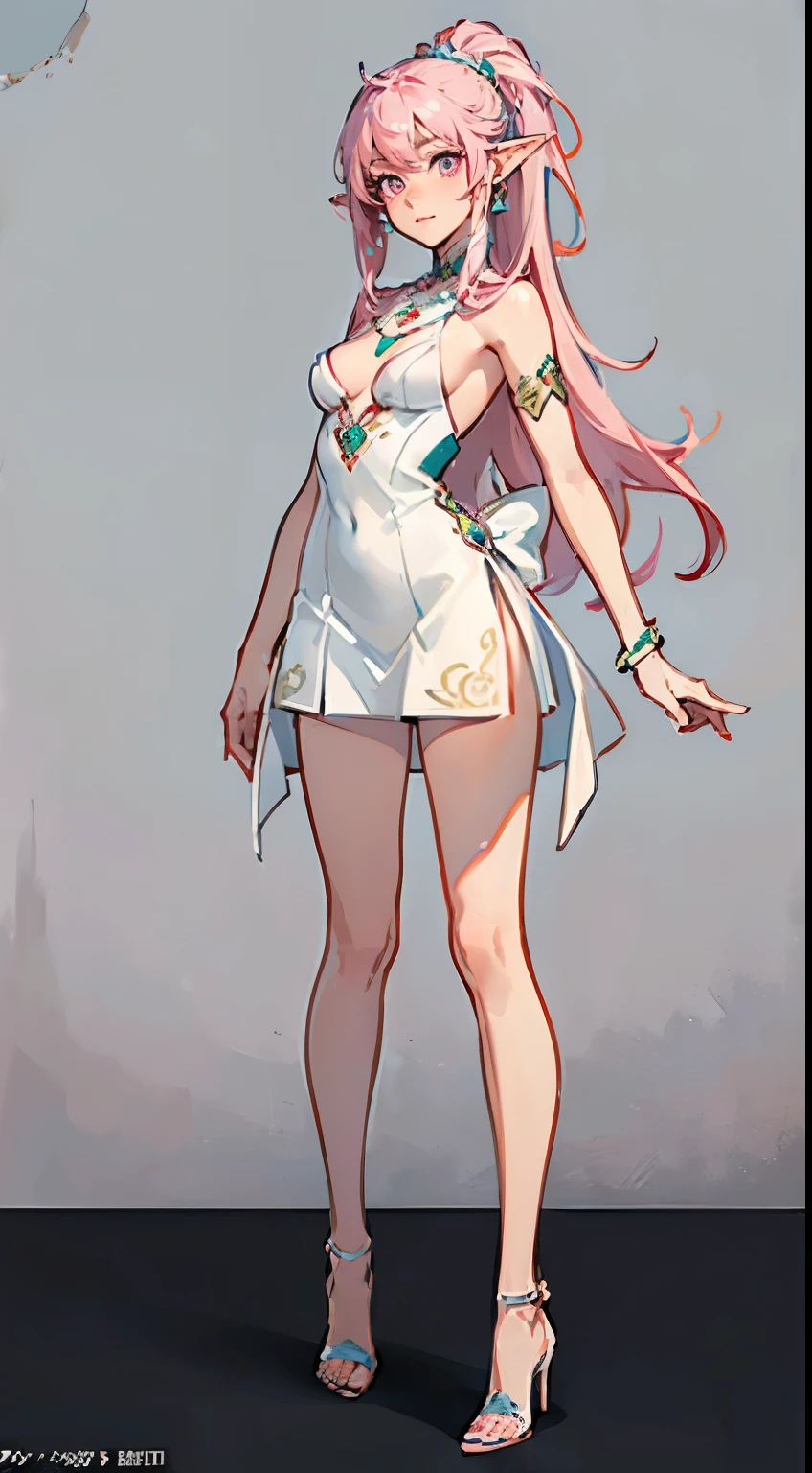 ((masterpiece,best quality,8k,highres)),((character concept art)), 1 female, young female adult, elf girl, 165cm height, long hair, ponytail (pink hair colour), ultra finely detailed eyes (pink eyes colour), ((pointed ears)), extraordinary gorgeous, cute, adorable, innocent smile, flat breasts, petite boobs, small breasts, small body shape, ((intricate detail)), super finely detailed hands, ultra finely detailed fingers(((ten fingers))), stylish mini dress (white colour outfit), high heels, earrings, necklace, bracelet, (standing still), (full body showcase), (show full body), (no logos on background), (no logo), ((plain background)), ((plain background)), (((empty background)))