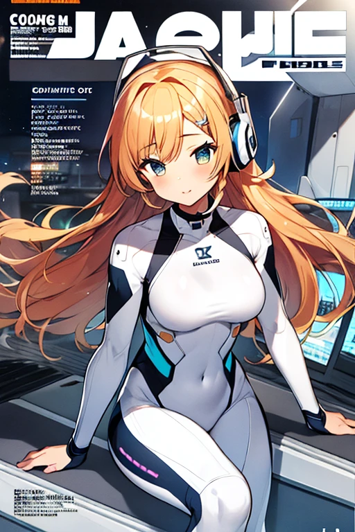 独奏、Braiding、1 girl in、depth of fields、Long Blonde Hair、Inside the space station、Make eye contact、sitting on、masterpiece、top-quality、(top-quality)、((masterpiece))、(hight resolution)、Original、Very detailed 8k wallpaper、(extremely delicate and beautiful)、((A detailed face))、(white futuristic bodysuit space suit):1.3,beautiful finely detailed eyes、Hair that flutters in the wind、dishevled hair、lensflare、1 girl in、full body Esbian、(blue eyess)、(head phone)、(yellow hair)、(Cute little girl:1.1)、Beautiful fine eyes、orange color hair、Very long hair、tiny chest、(looking at the viewers)、(magazine:1.3)、(coversスタイル:1.3)、Fashionable、femele、with a vibrant、outfits、the pose、the front、Colorful、Dynamic、Background with、element、I'm confident、expresive、ngel、statement、accessorized、An majestic、coiled、surroundings、Touch、The scene、Texto、covers、It's bold、captures the attention、Titles、Stylish、Font、Catchy、headline、The large、Impressive、moderno、Trendy、Focus、lo fashion