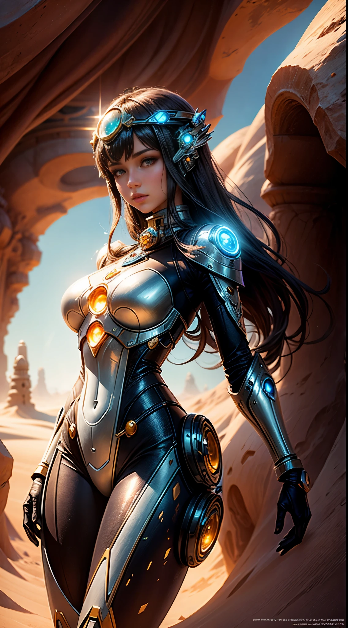 "((Mystical)) glass ball held by a Gorgeous girl in a robot dunes environment, (fantasy) setting, soft sunlight, best quality, high resolution, detailed, ((ethereal atmosphere)), (whimsical composition)."