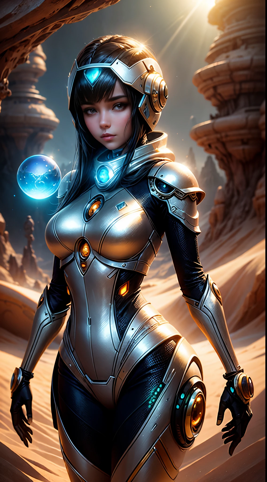 "((Mystical)) glass ball held by a Gorgeous girl in a robot dunes environment, (fantasy) setting, soft sunlight, best quality, high resolution, detailed, ((ethereal atmosphere)), (whimsical composition)."