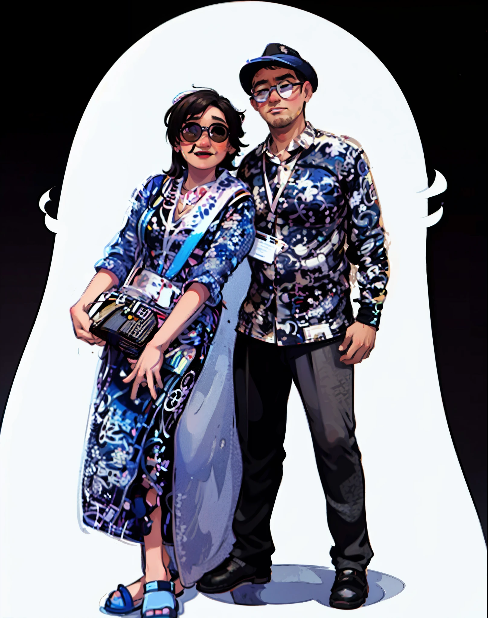 (masterpiece:1.2),illustration,lineart,high definition,texture,a man with black hat and eye glasses and a woman with brown sunglasses and hold a bag are smile,warm color palette,soft lighting,detailed pencil strokes,delicate outlines,distinct shadows,subtle shading,impeccable attention to detail,highly realistic,artistic touches,vibrant and lifelike rendering,professional-level skill,white background,warm and inviting atmosphere,peaceful and relaxed expression,sophisticated and elegant aesthetics.