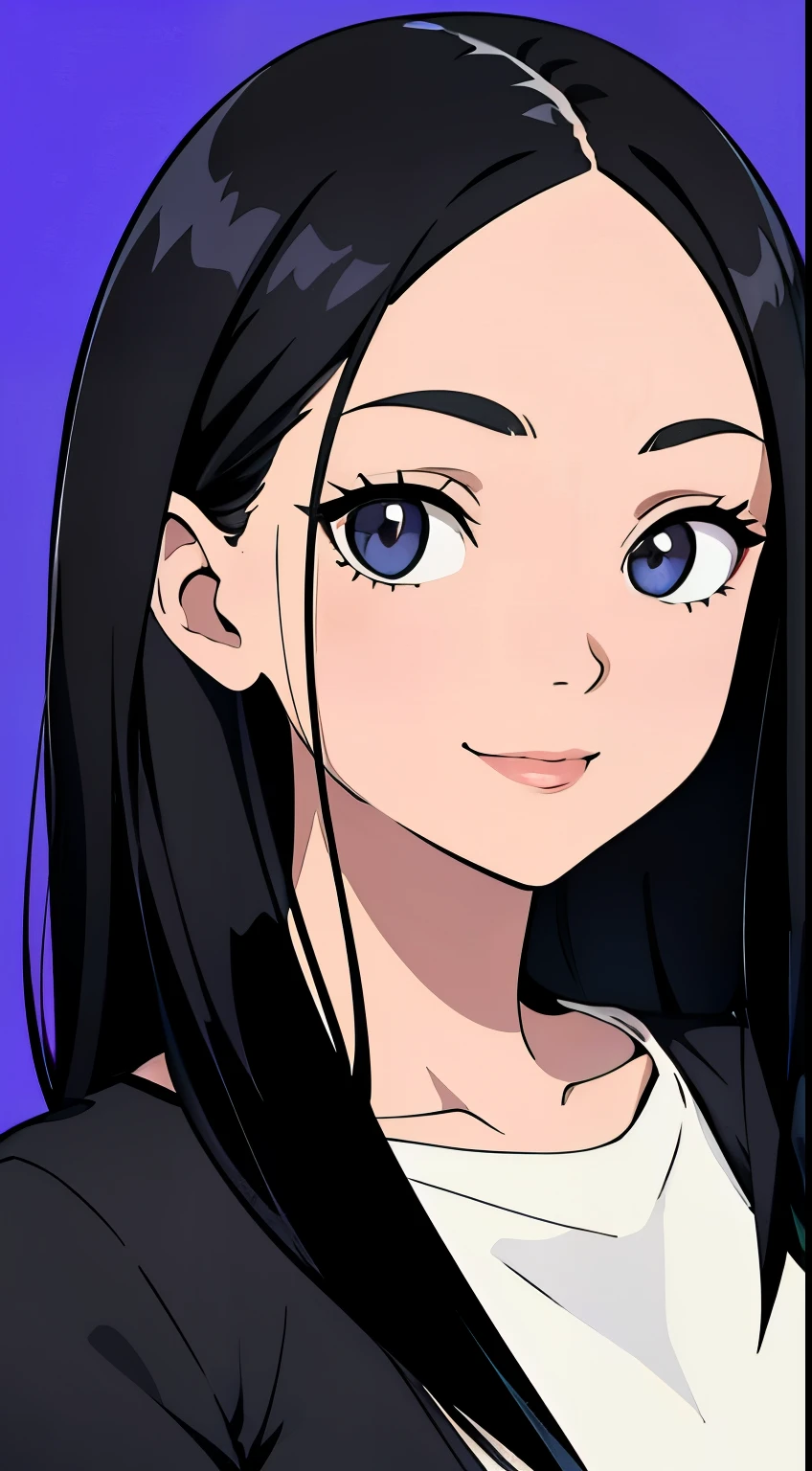 One girl with black hair, hair length until bust, straight hair, hair parted in center of head, round face. hairstyle with a center part, that the hair should be parted down the middle, creating a symmetrical look without any frontal hair covering the forehead. Looking straight. Looking straight at viewers. Smiling. Happy. Wearing casual shirt. Straight pose. Frontal view