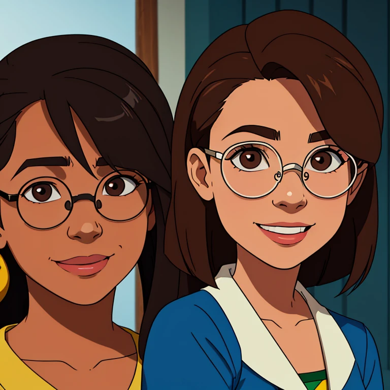 Brazilian character: a sweet, 17 to 19-year-old, overweight, white girl from Rio de Janeiro with a medium-length long bob hairstyle. Her hair is brown. She's a geek and gamer, wears glasses(Harry potter style), she has a brown eyes. She is lovely, have a sweet smile and loves tech"