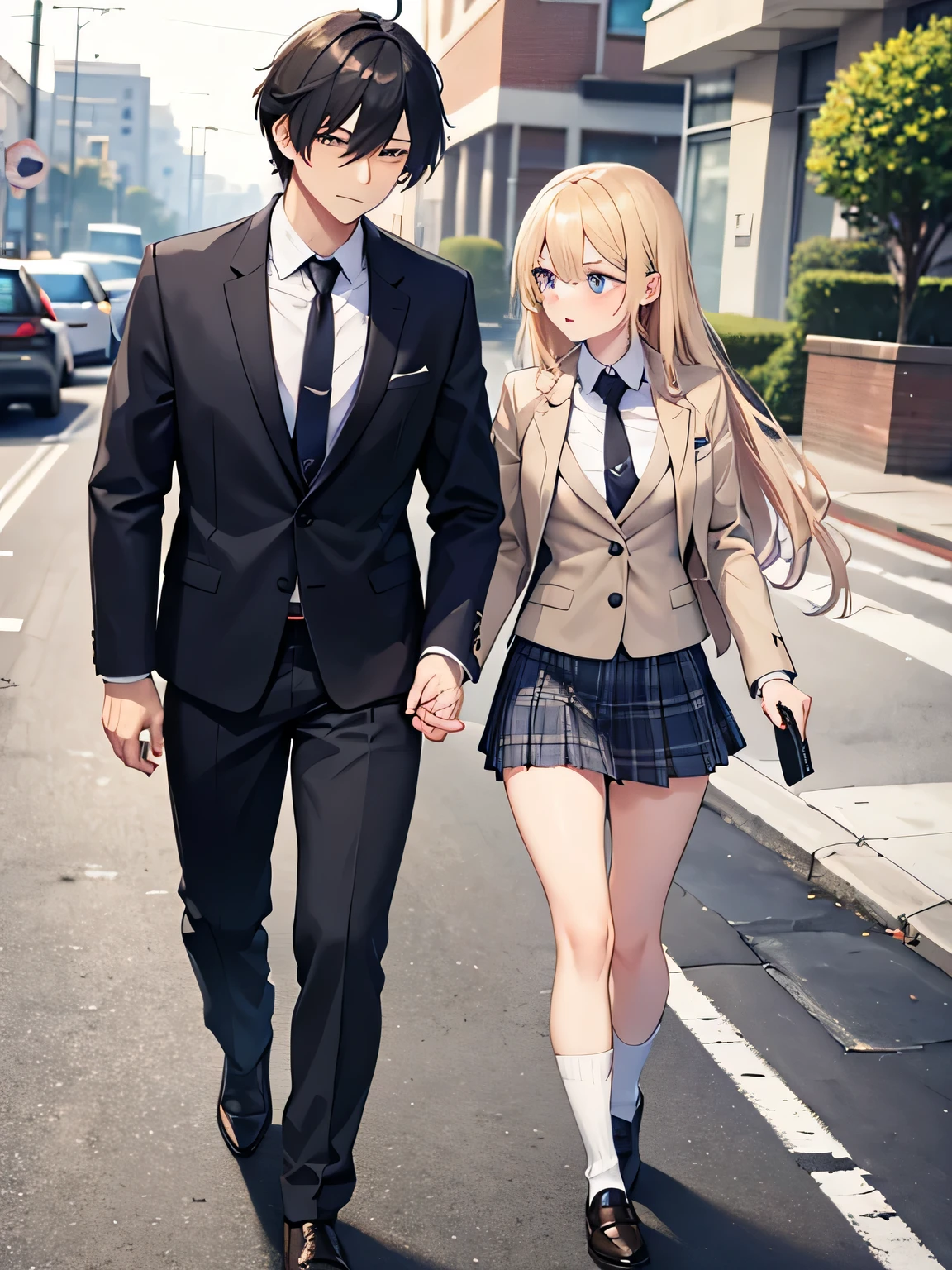 1,man and woman walking hand in hand.
2,The woman is a delinquent high school student with long blonde hair., Mini skirt, I unbuttoned my blazer, The second button of the shirt is undone, And loose socks on my feet.
Men are teachers, Wearing a suit and tie, black hair and hairy head.
4,The location is on the way to school.