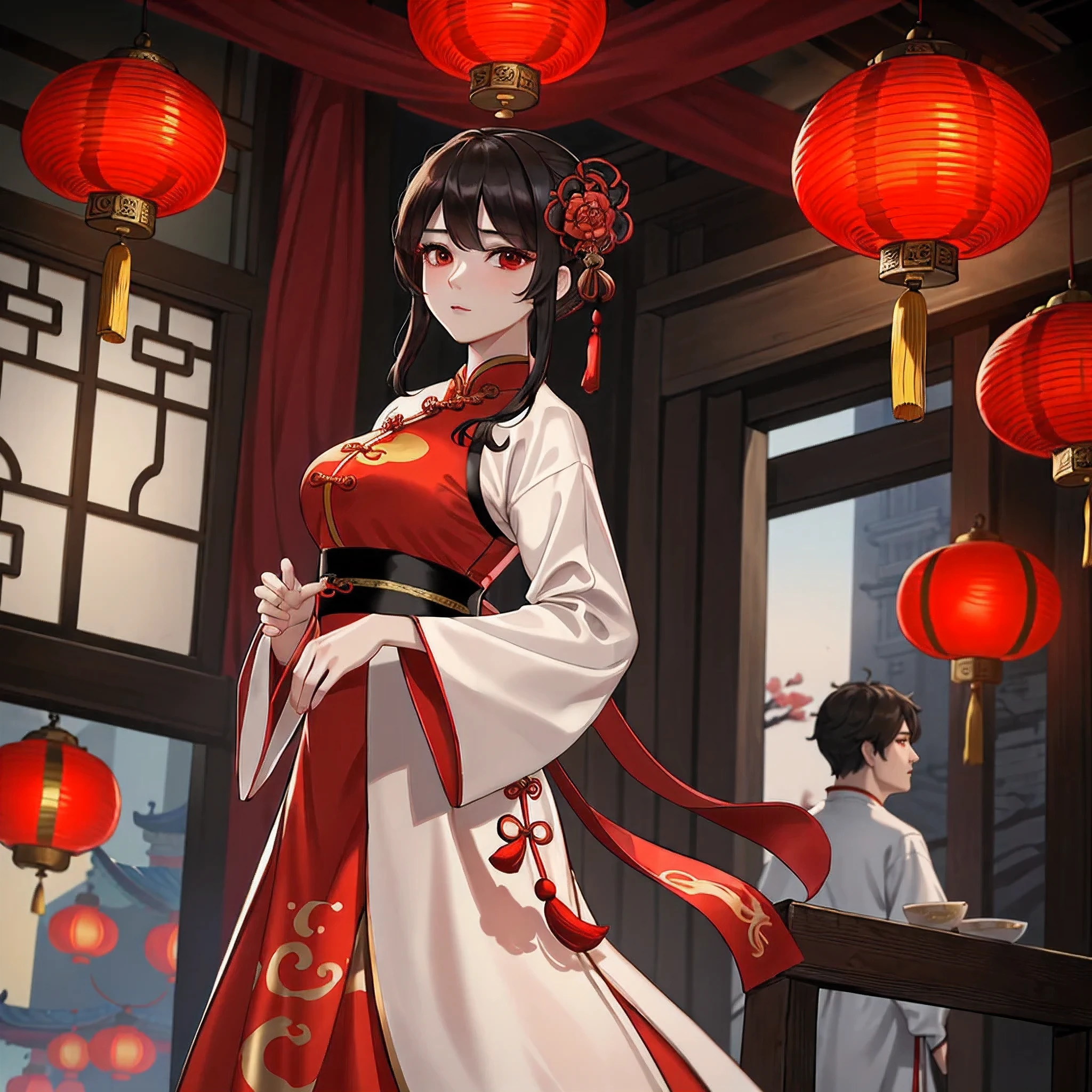 8k, Masterpiece Best Quality, Women, Man, (Gentle Shape), perfect face, hanfu dress, sexy, fascinating, thin fabric chinese dress, tower, red lantern tower,