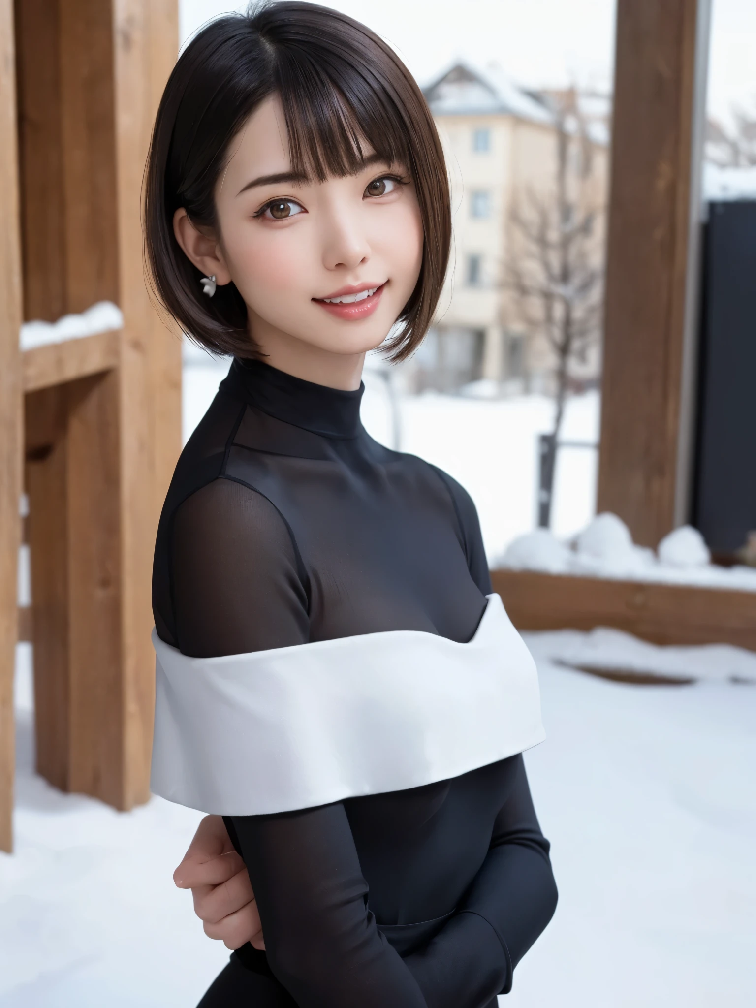 (​masterpiece, top-quality),1girl in, 独奏, hyper realisitic, Photorealistic,realisitic, looking at the viewers, brown eyes of light color:1.4,Brunette short bob hair with highly detailed shiny hair, Winter clothes in bright colors, lepangas:1.4), plein air, a closed mouth, The upper part of the body、Big eye、Lashes、{Gigantic|Big|Huge|Mega} breasts:2, cleavage:2、(((Big eye、Short bob hair、Intense highlights of the pupils、gazing at viewer、She is a very beautiful and cute beauty、Put your ears out、long neck、smil、Close your mouth and smil、bangs beautiful teeth)))、Ideal ratio body proportions、（Snow-covered tree-lined streets in Norway in winter）、美しいlong neck:1.4、