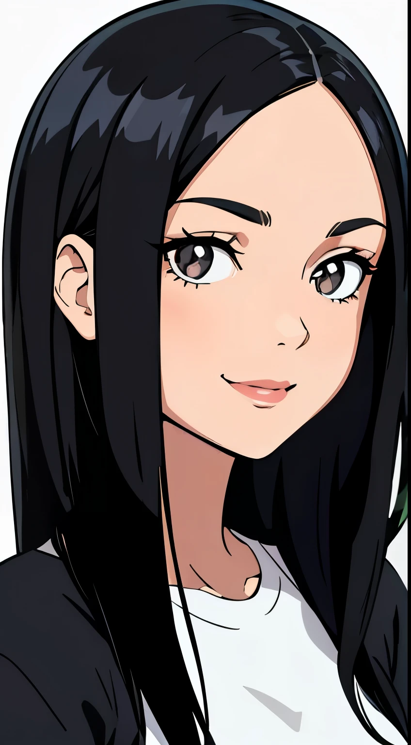 One girl with black hair, hair length until bust, straight hair, hair parted in center of head, round face. hairstyle with a center part, that the hair should be parted down the middle, creating a symmetrical look without any frontal hair covering the forehead. Looking straight. Looking straight at viewers. Smiling. Happy. Wearing casual shirt. Straight pose. Frontal view