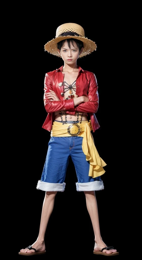 Masterpiece ,best quality,1 boy ,luffy in anime one piece,black hair,straw hat, chest wound, red shirt, blue trousers, yellow belt,ultra details ,realistic