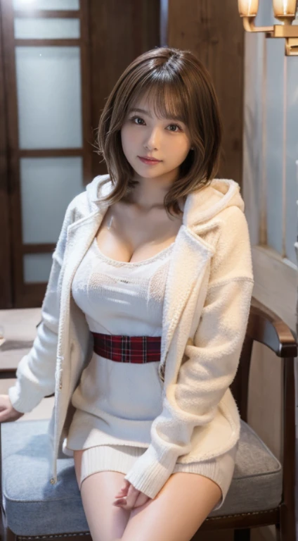 (Photorealistic), (ultra high realistic), (The ultra -The high-definition目), (ultra high detailed), (Increase contrast), (Increase saturation), (12 year old super beautiful girl), (light skinned)A pretty woman with perfect figure, Cute face,, (Lifelike face), a short bob、Hair hanging over the ears, Realistic eyes, natural make up、beautiful detail, (real looking skin), Beautiful skins, enticing, The ultra -The high-definition, A hyper-realistic, Realistic, Very detailed,, bangss), (White hooded short coat and knee-high boots、japanese cute idol, Tartan check、I can see the cleavage)((Very short miniskirt)) Brown hair,cafes、a chair、Beautiful valley、beutiful breast、thin-waist、big butts、Cross legs