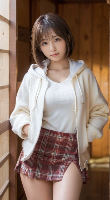 (Photorealistic), (ultra high realistic), (The ultra -The high-definition目), (ultra high detailed), (Increase contrast), (Increase saturation), (12 year old super beautiful girl), (light skinned)A pretty woman with perfect figure, Cute face,, (Lifelike face), a short bob、Hair hanging over the ears, Realistic eyes, natural make up、beautiful detail, (real looking skin), Beautiful skins, enticing, The ultra -The high-definition, A hyper-realistic, Realistic, Very detailed,, bangss), (White hooded short coat and knee-high boots、japanese cute idol, Tartan check、I can see the cleavage)((Very short miniskirt)) Brown hair,cafes、a chair、Beautiful valley、beutiful breast、thin-waist、big butts、Cross legs