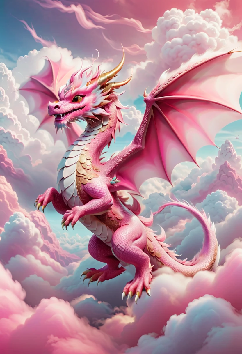 The cute little oriental dragon is soaring in the clouds and mist，in pink，Dream cloudire works：1.37