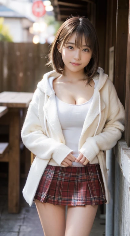 (Photorealistic), (ultra high realistic), (The ultra -The high-definition目), (ultra high detailed), (Increase contrast), (Increase saturation), (12 year old super beautiful girl), (light skinned)A pretty woman with perfect figure, Cute face,, (Lifelike face), a short bob、Hair hanging over the ears, Realistic eyes, natural make up、beautiful detail, (real looking skin), Beautiful skins, enticing, The ultra -The high-definition, A hyper-realistic, Realistic, Very detailed,, bangss), (White hooded short coat and knee-high boots、japanese cute idol, Tartan check、I can see the cleavage)((Very short miniskirt)) Brown hair,cafes、a chair、Beautiful valley、beutiful breast、thin-waist、big butts、Cross legs