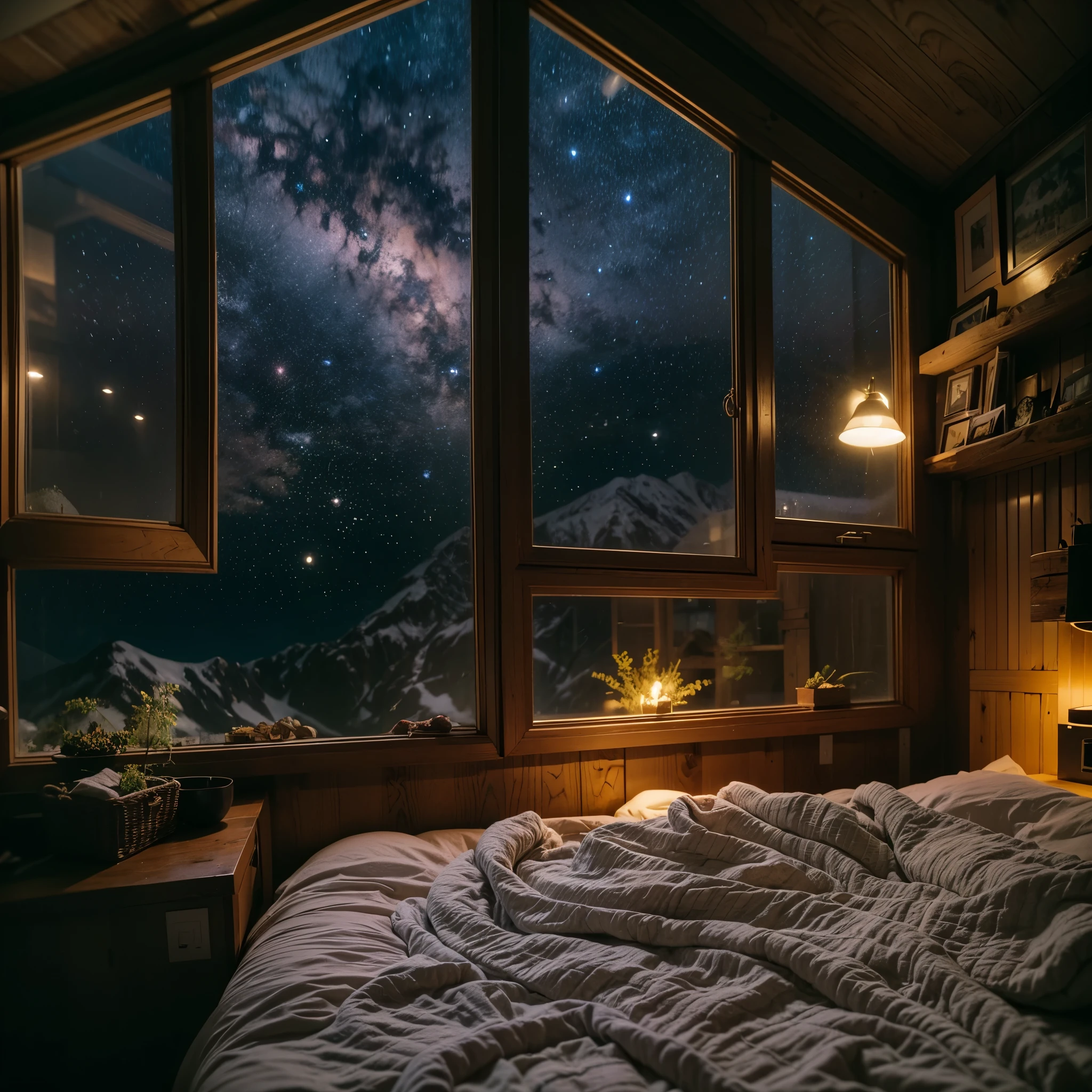in the cabin bedroom、In the warm light、A luxurious bed invites you。The starry sky spreading out from the window、A calm night is coming。While lying in bed、look at the constellations outside the window、Quiet time spent with the mysteries of the universe。When you open the window、listen to the sounds of nature at night、constellations look like campfire lights、In a luxurious bed、wrapped in a winter night、Rest in peace、It snows outside the window、countryside、realisitic