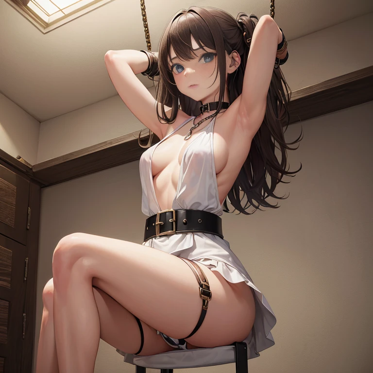 ((masterpiece)), ((best quality)), (ultra-detailed), NSFW, ((torture chamber)),a cute girl, 1girl, solo, (white mini tanktop dress),(chain bound arms), (both hands are bound and is hung from the ceiling),bdsm,shibari,restrained,((thin waist)),(((belt bound waist))),beautiful brown hair, beautiful blue eyes, (beautiful eyes), long hair,troubled expression