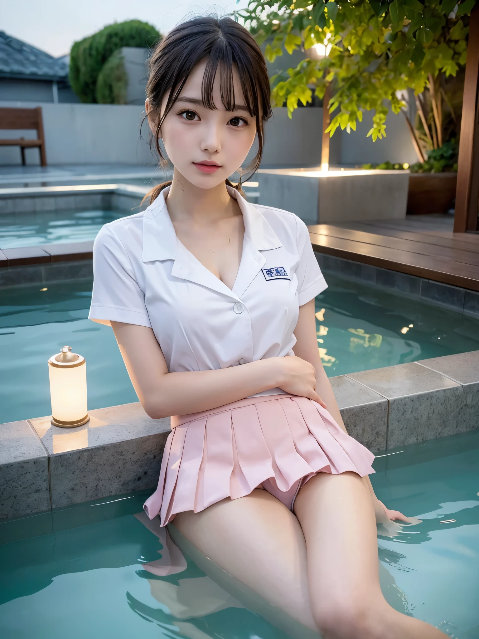 (wet high school uniform, pleats skirt: 1.2), ((of the highest quality, 8K, masutepiece: 1.3, Raw photo)), Sharp Focus: 1.2, (1 AESPA Girl :1.1), SOLO, (Realistic, Photorealistic: 1.37), (Face Focus: 1.1), Cute face, hyperdetailed face, (wet short messy hair, updo: 1.1), Small breasts, flat chest, open-air bath at night in a hot spring in Japan, blush, (girl is Lying on the hot water: 1.3), moon light, Thigh,