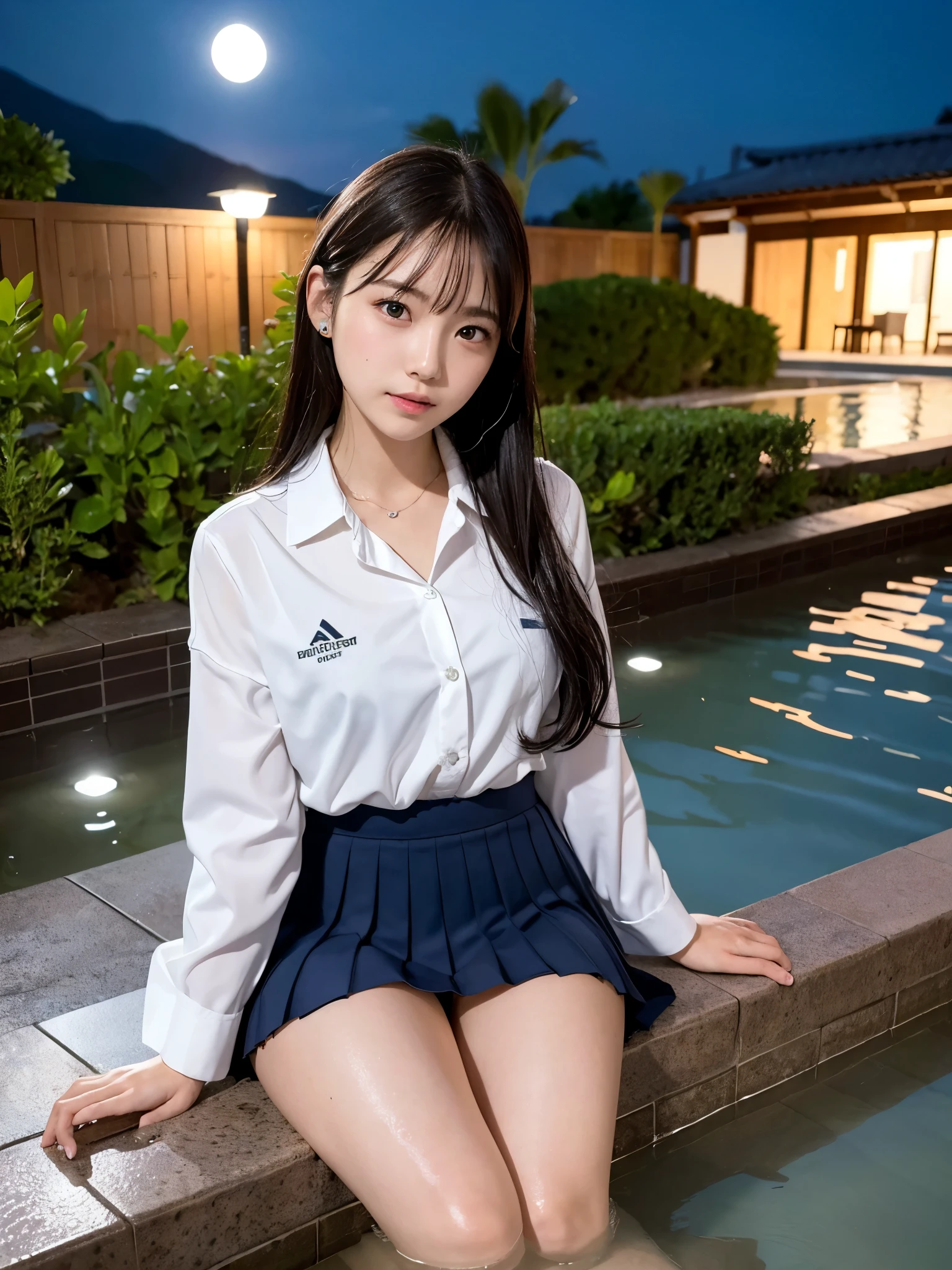 (wet high school uniform, pleats skirt: 1.2), ((of the highest quality, 8K, masutepiece: 1.3, Raw photo)), Sharp Focus: 1.2, (1 AESPA Girl :1.1), SOLO, (Realistic, Photorealistic: 1.37), (Face Focus: 1.1), Cute face, hyperdetailed face, (wet short messy hair, updo: 1.1), Small breasts, flat chest, open-air bath at night in a hot spring in Japan, blush, (girl is Lying on the hot water: 1.3), moon light, Thigh,